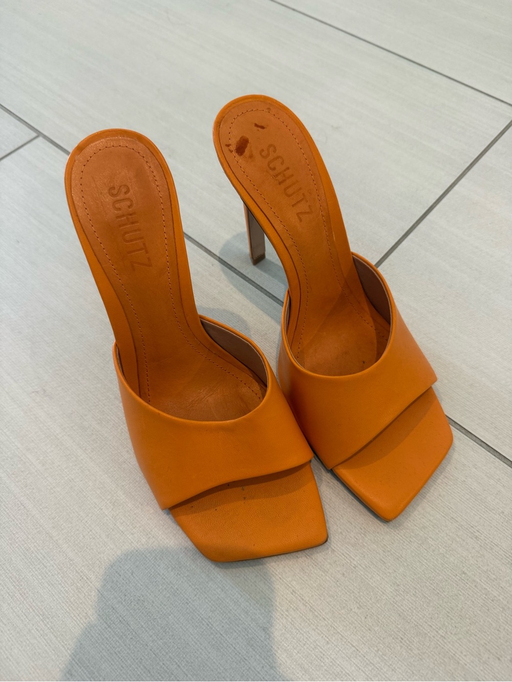Schutz Orange Leather Square-Toe Slide Heels